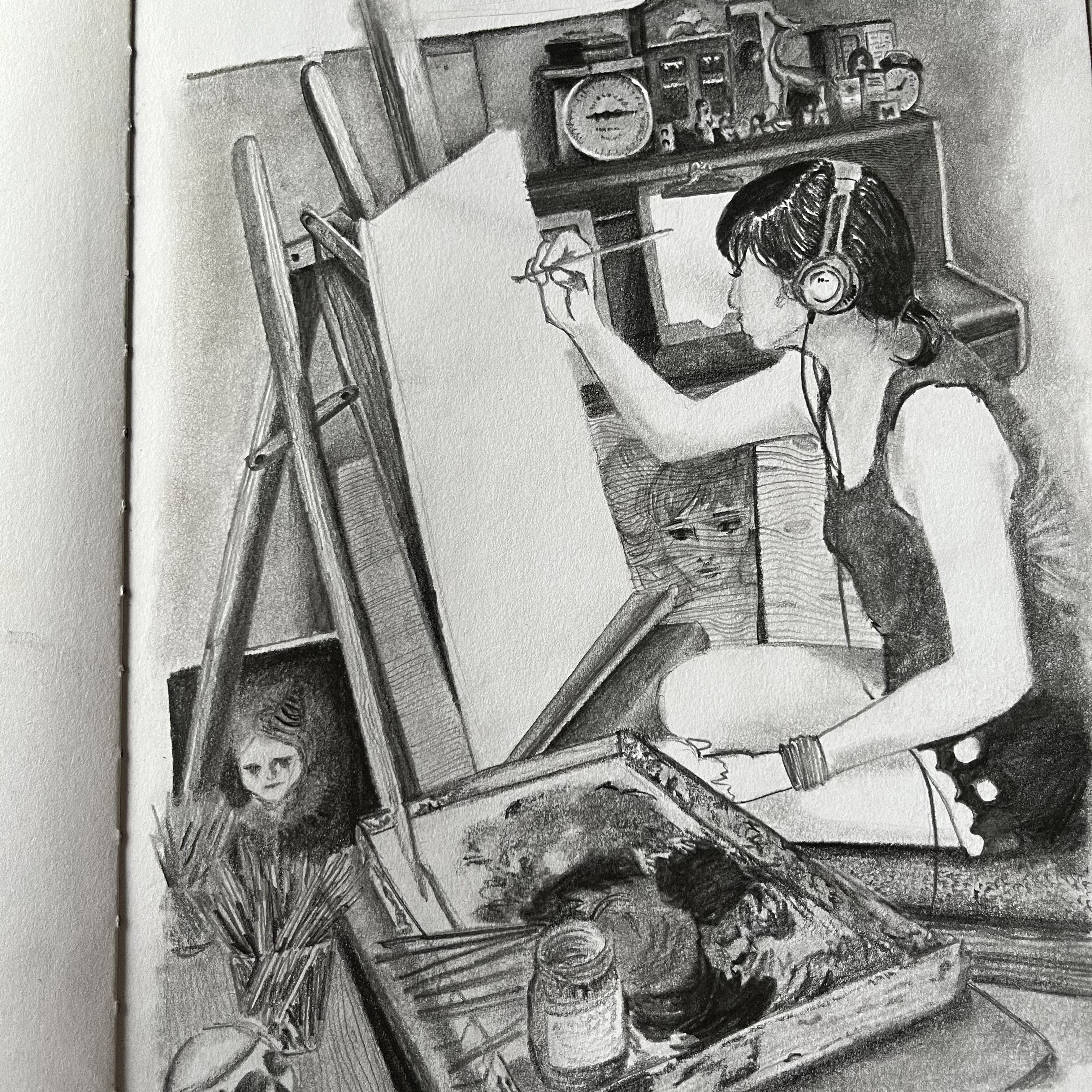 Graphite drawing of an artist painting at an easel while wearing headphones